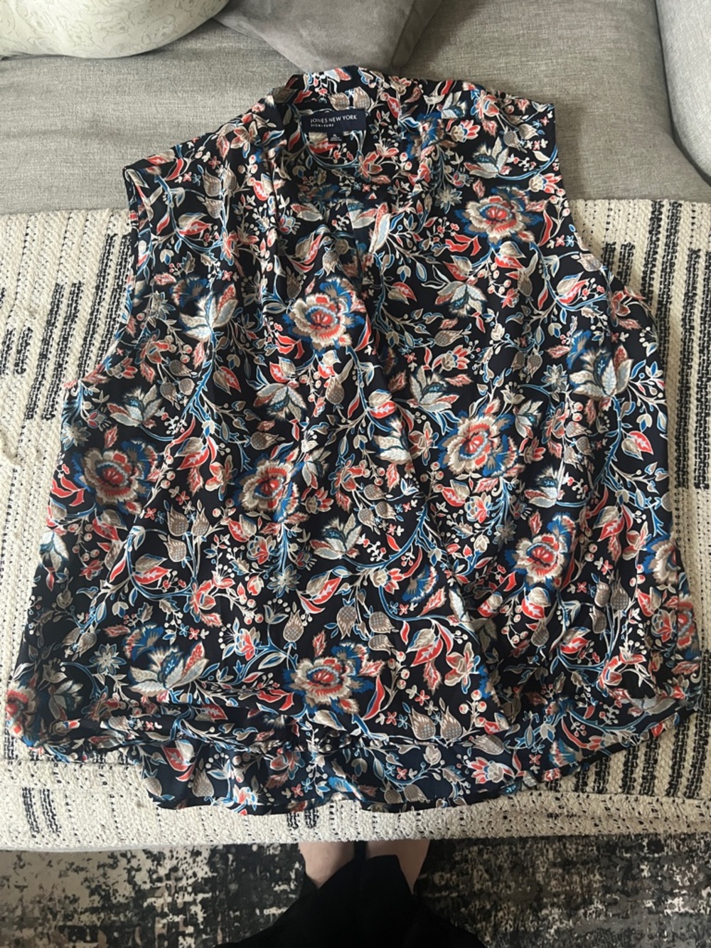 Jones New York Black Floral Sleeveless Blouse with Red & Blue Accents